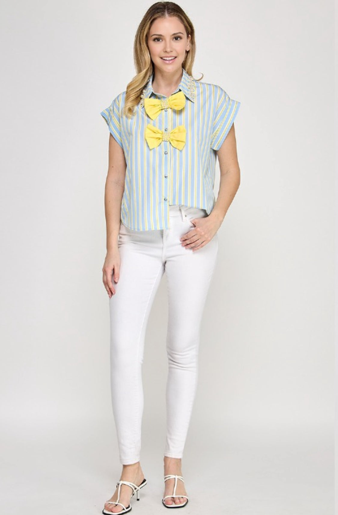 Short Sleeves Button Down Top With Bow and Pearls Accents