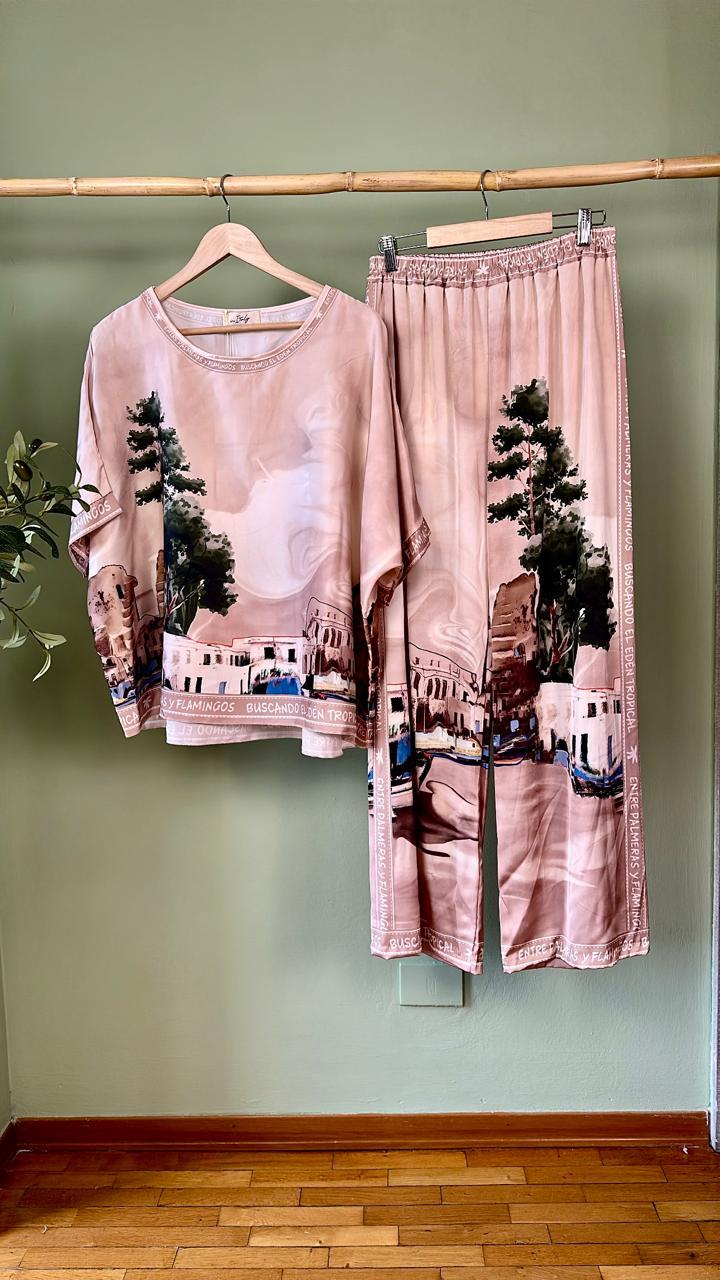 Satin Pants And Blouse Set In Beige From Italia Collection