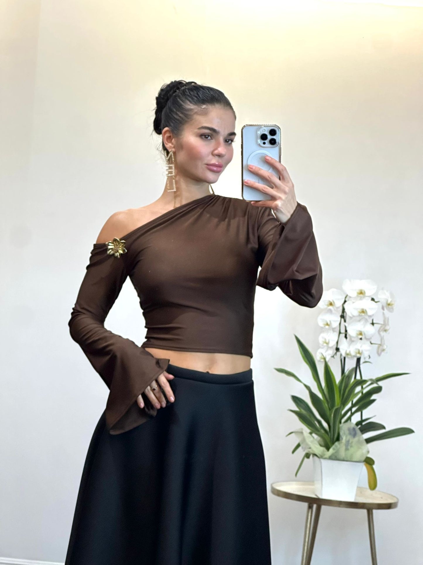 Brown Satin One-Shoulder Blouse with Flared Sleeve
