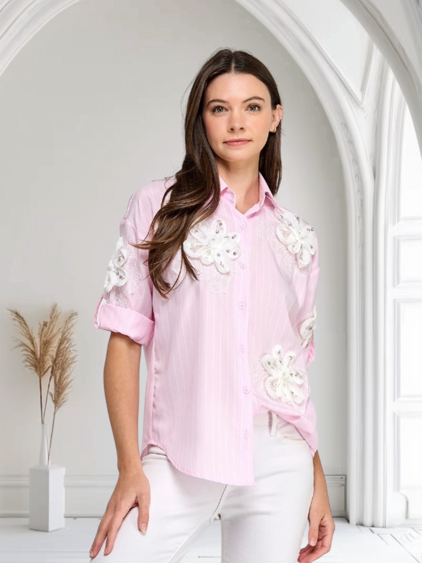 Pink stripes Lace and Rhinestones Accent Top