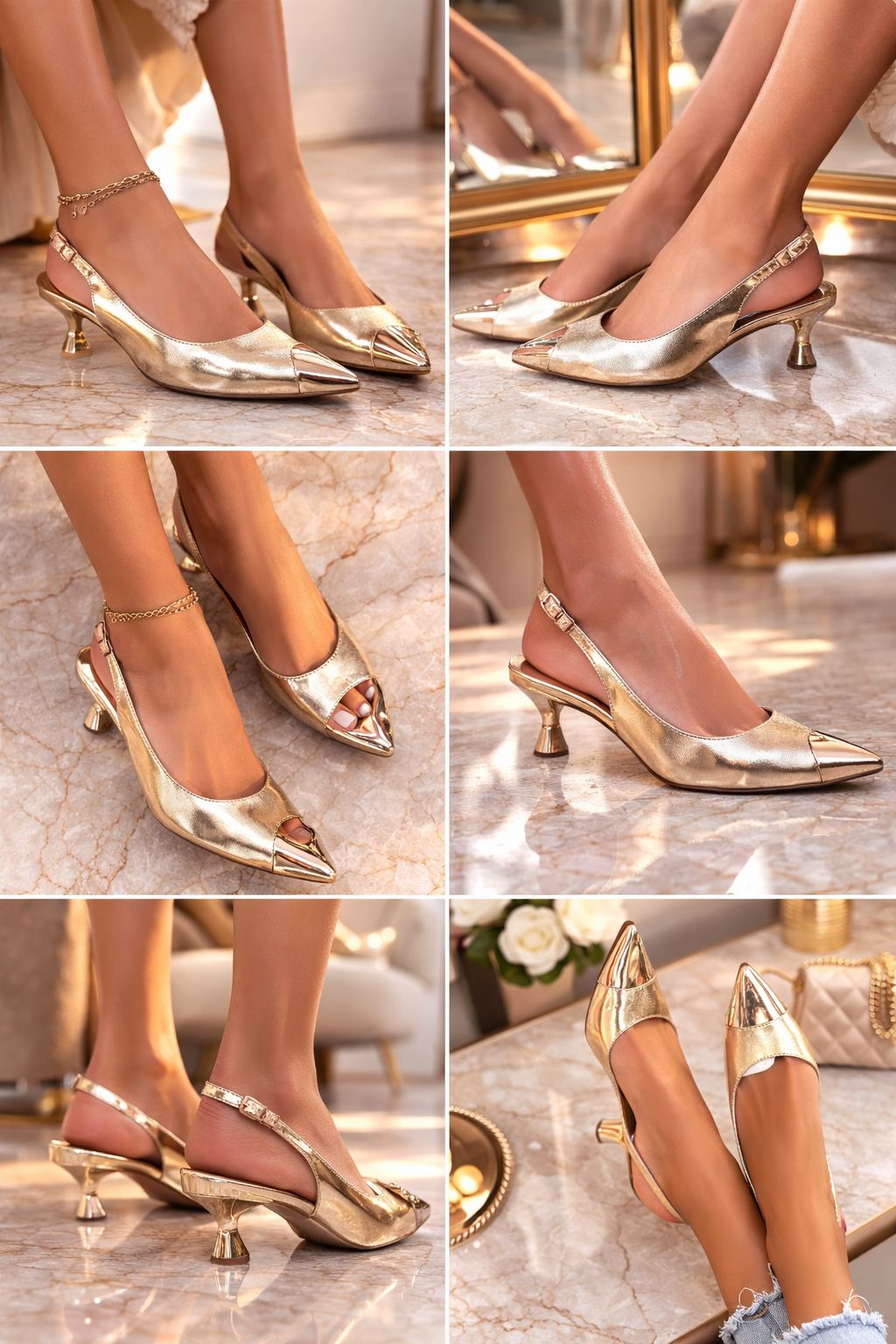 Metallic Gold Slingback Heel with Mirror Toe Cap and Sculpted Heel