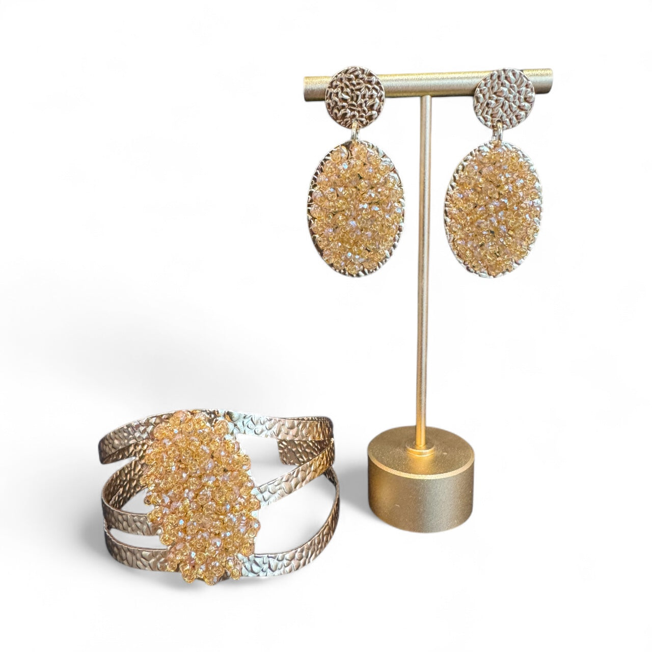 Handcrafted Bracelet and Long Earring Set Gold