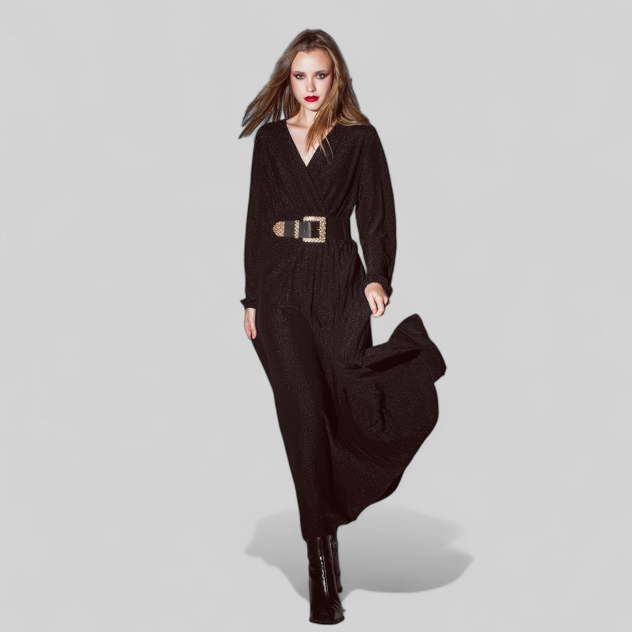 Party Long Sleeve Maxi Dress with Glitter in Black (Belt not included)