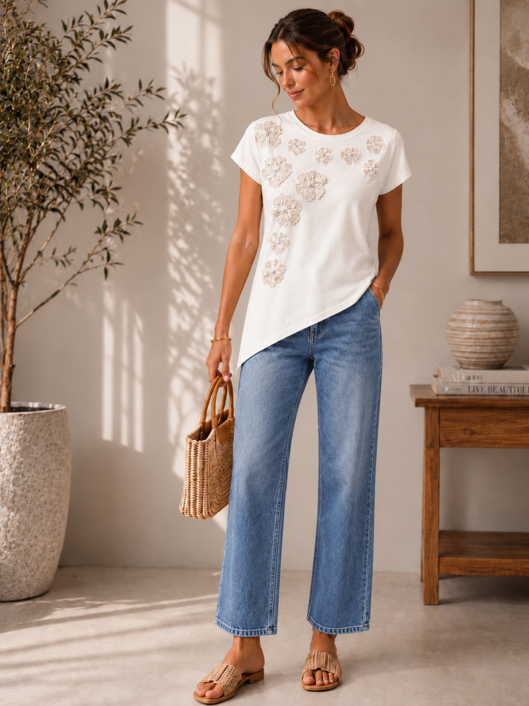 Ivory Floral Appliqué Asymmetrical Top