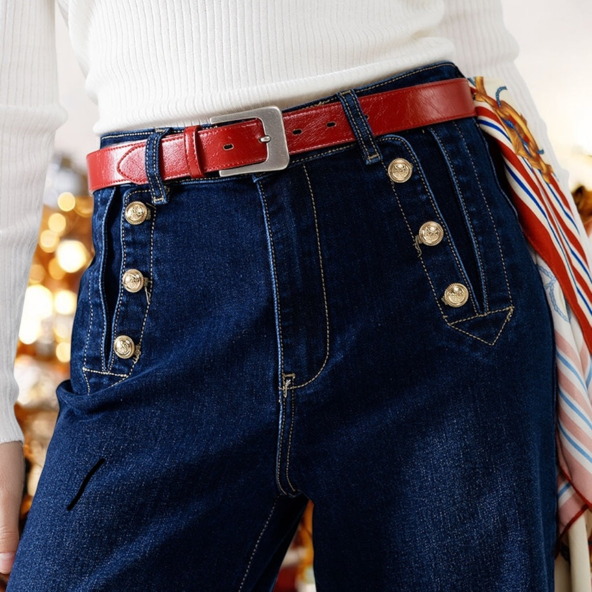Marine-style Wide Leg Jeans With Gold Buttons Blue