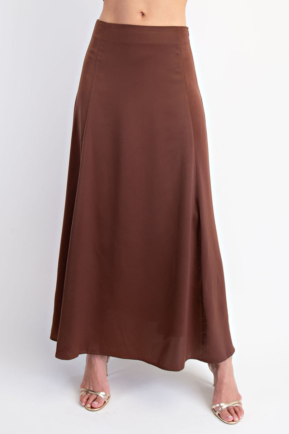 Satin Godet Maxi Skirt in Brown