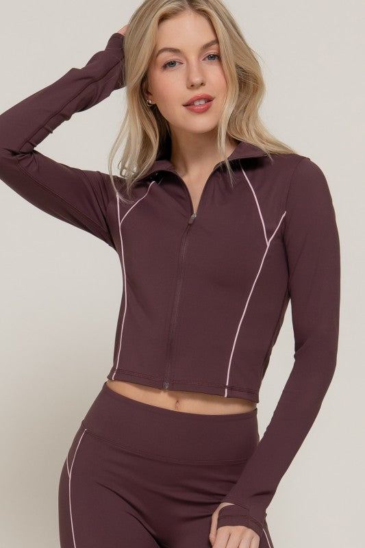 Long Slv Piping Active Wear Jacket In Brown