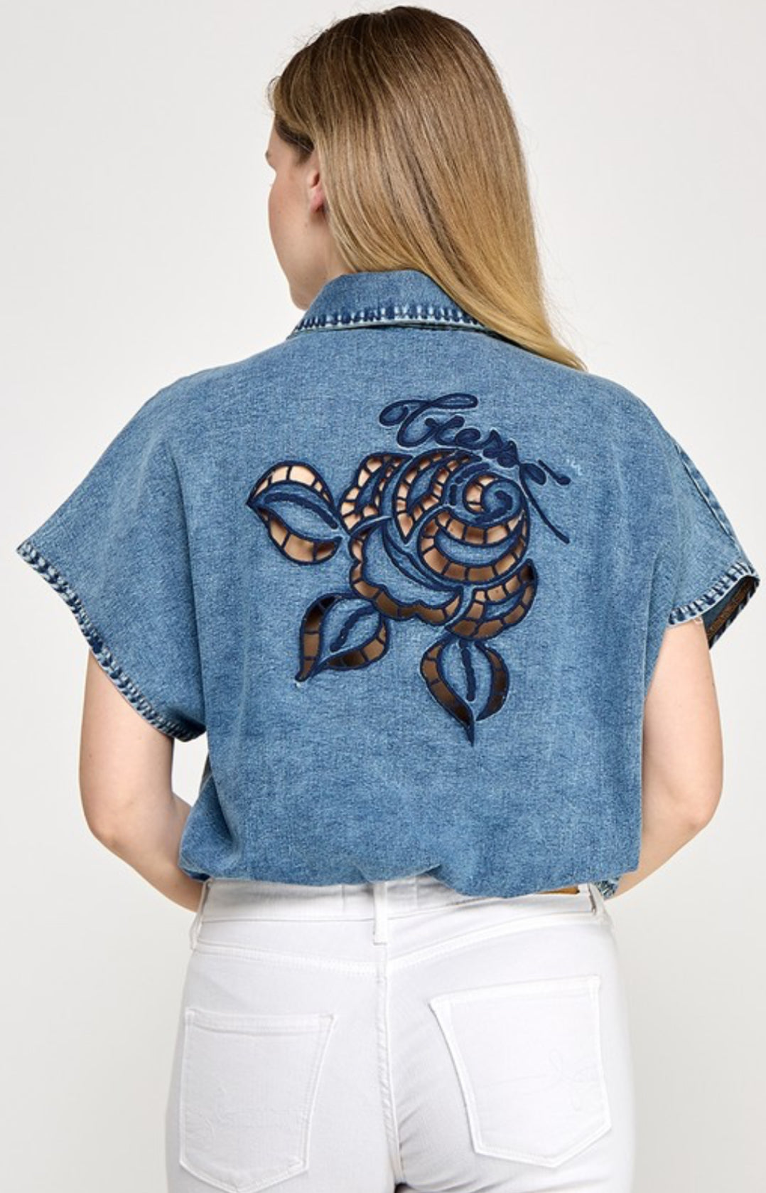 Denim Top With Embroidery and Pearls and Rhinestones Accents