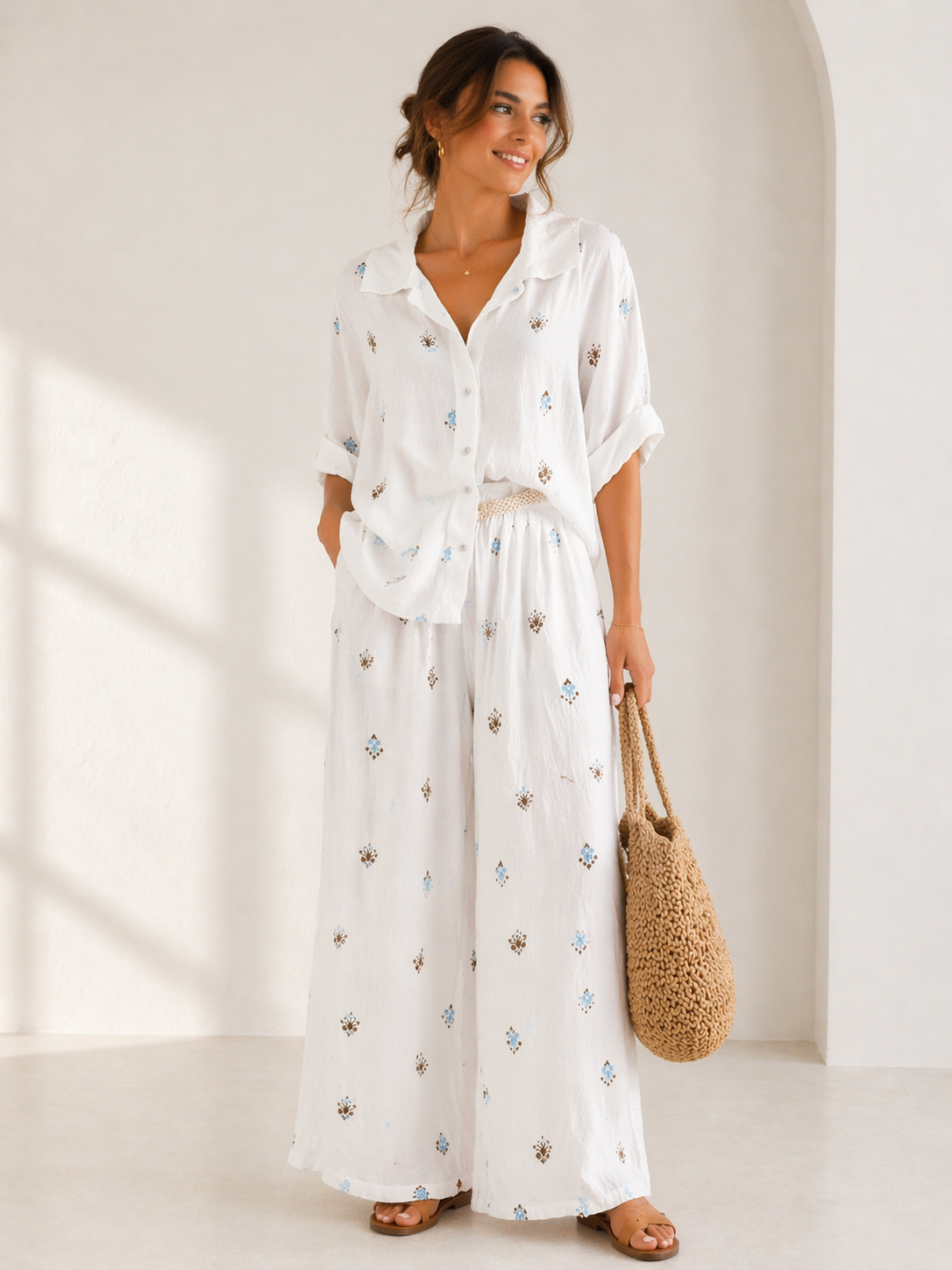 Linen Embroidery White Set