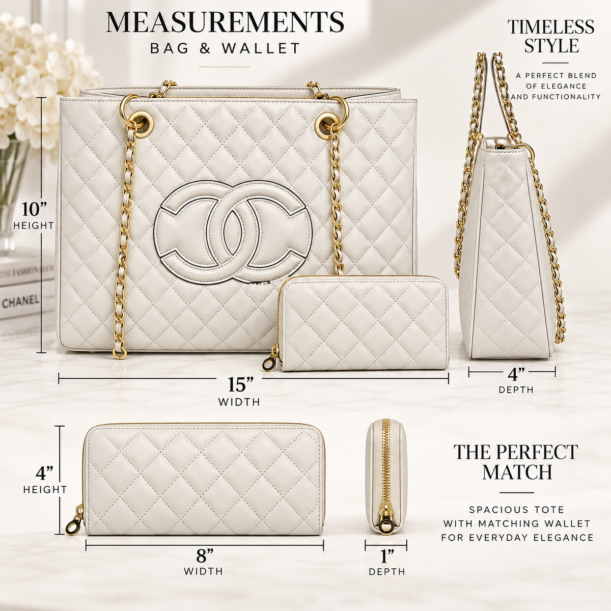 Quilted Luxe Tote & Wallet Set White