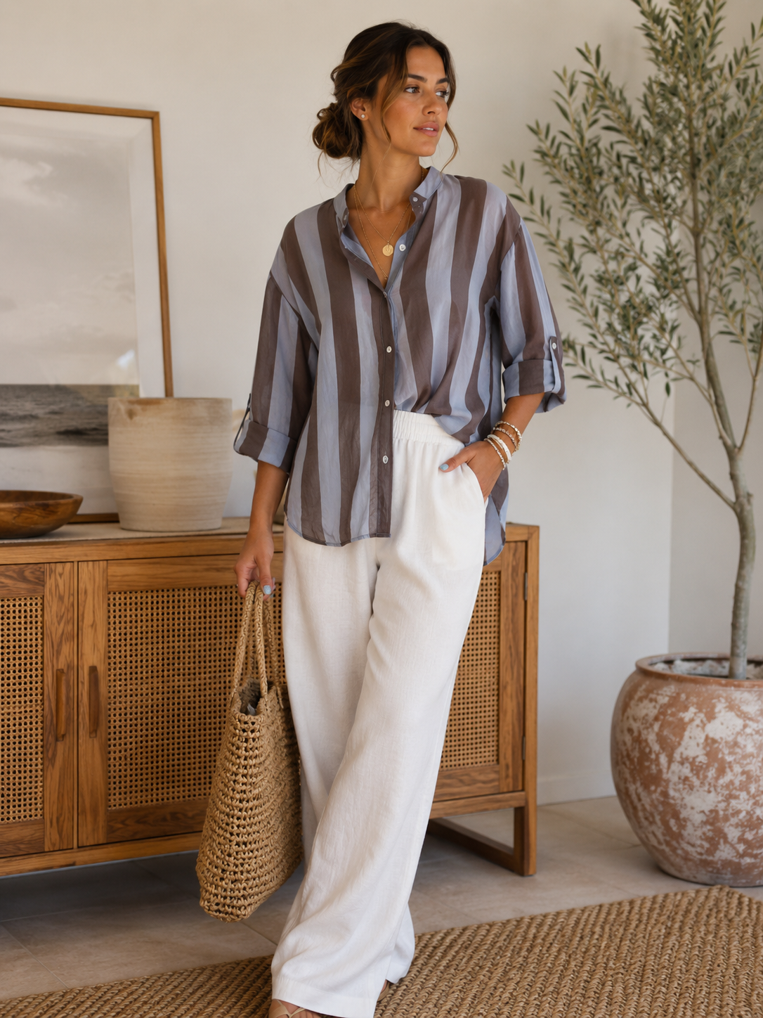 Italian Striped Relaxed Button-Up Blouse Blue