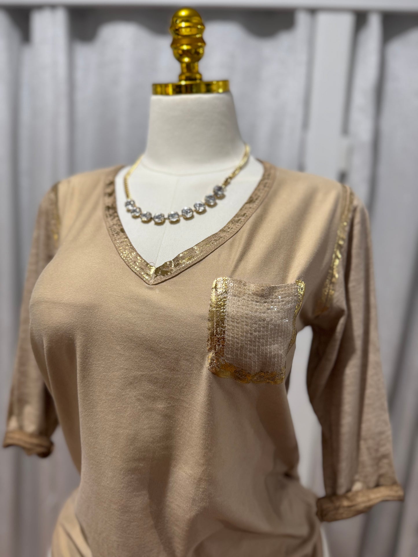 Gold Long Sleeve Top With Distinctive Accent Pocket