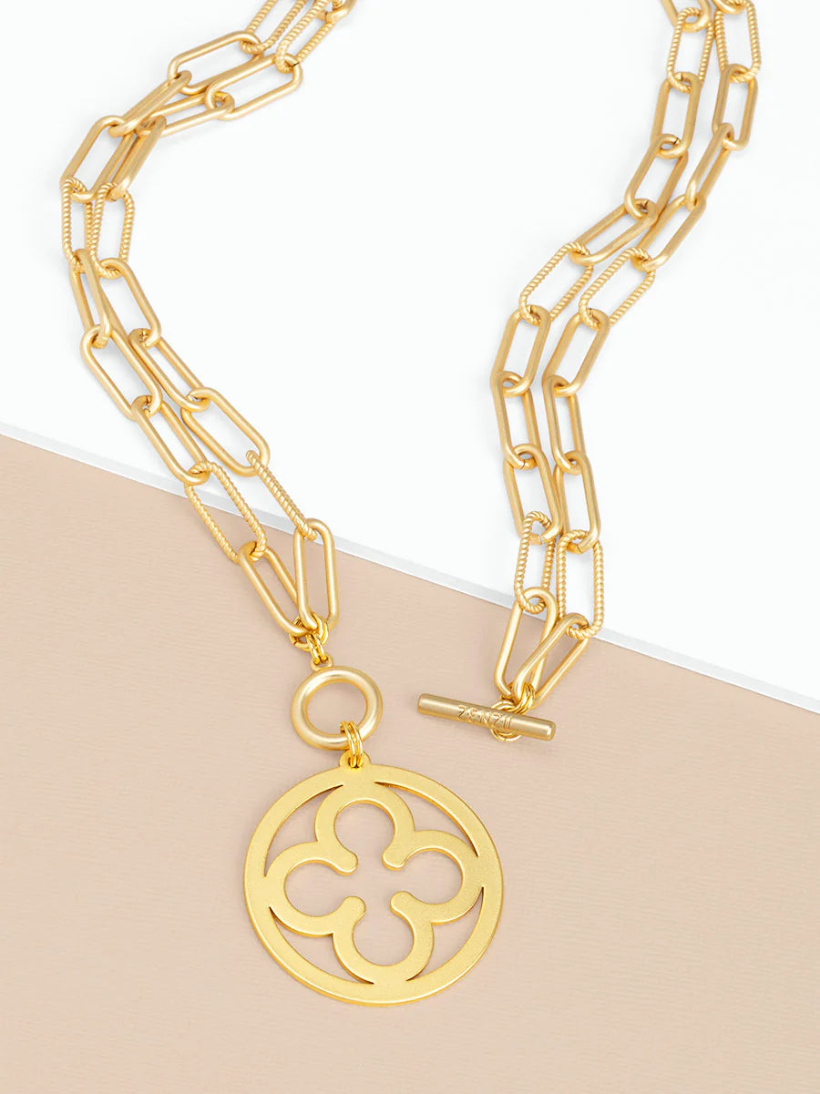 2-in-1 Matte Metal Double Strand Clover Pendant Long Necklace Jewelry