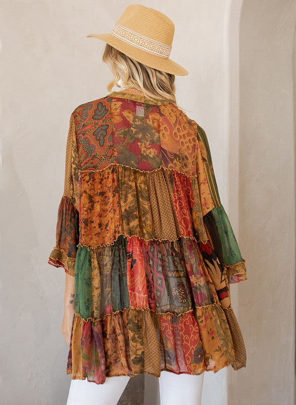 Bohemian Top 3/4 Sleeve Top In Camel