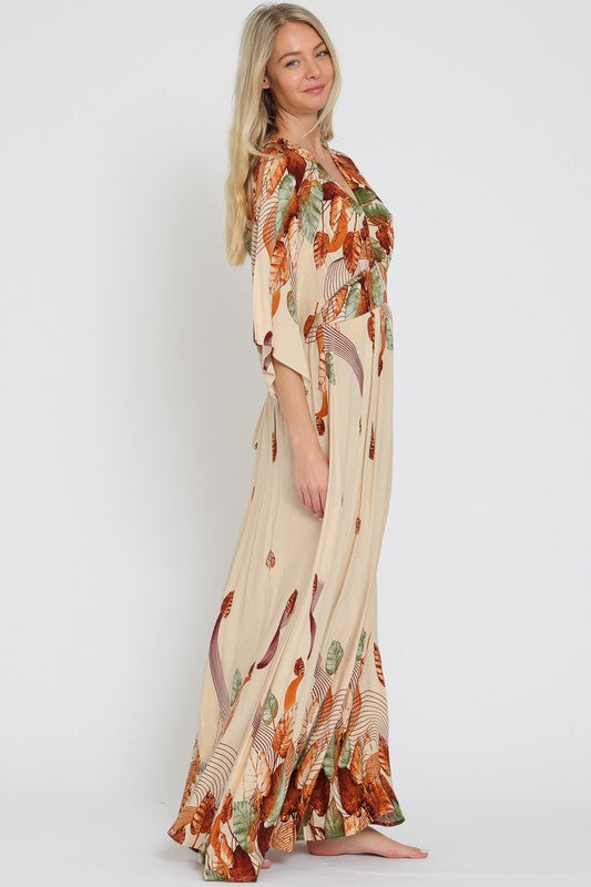 Kimono Sleeve Tie Back Waisted Maxi Dress