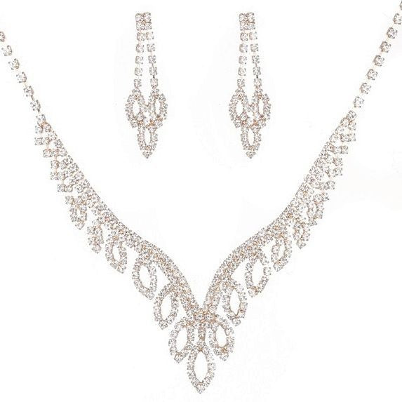Rhombic Oval Floral Rhinestone Necklace Set In Gold Clear