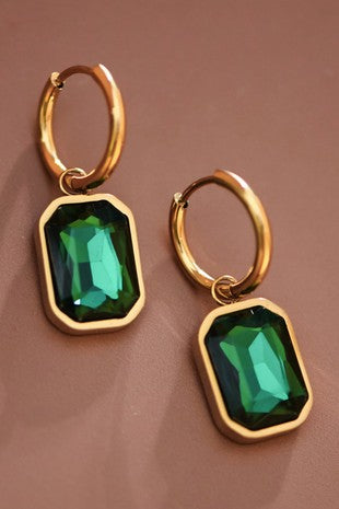 18K Gold Plated Stainless Steel Green Crystal Dangle Earrings