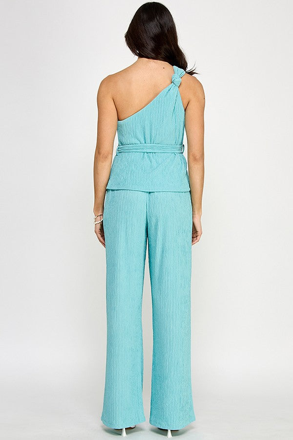 Knotted One Shoulder plisse Knit Top W/Pants Set Aquablue