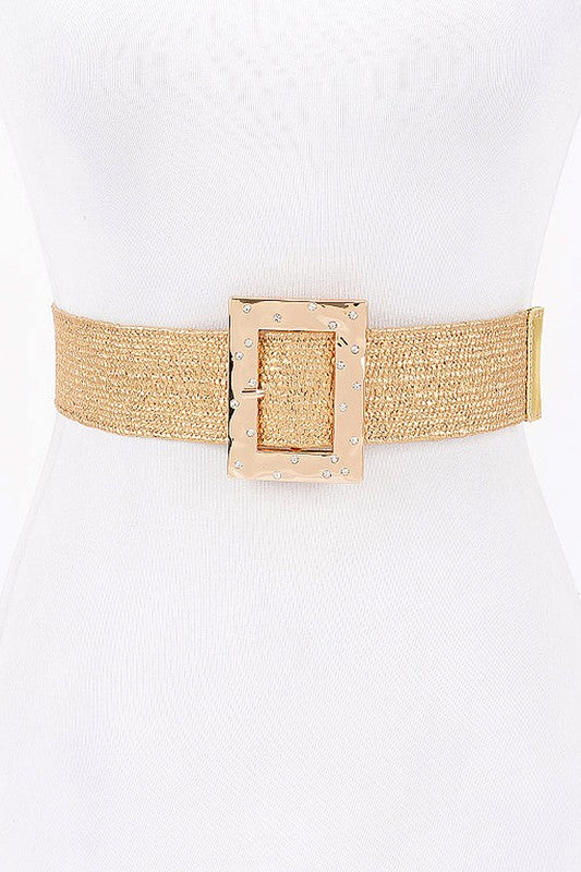 Faux Straw Metal Stone Buckle Strech Belt in Gold
