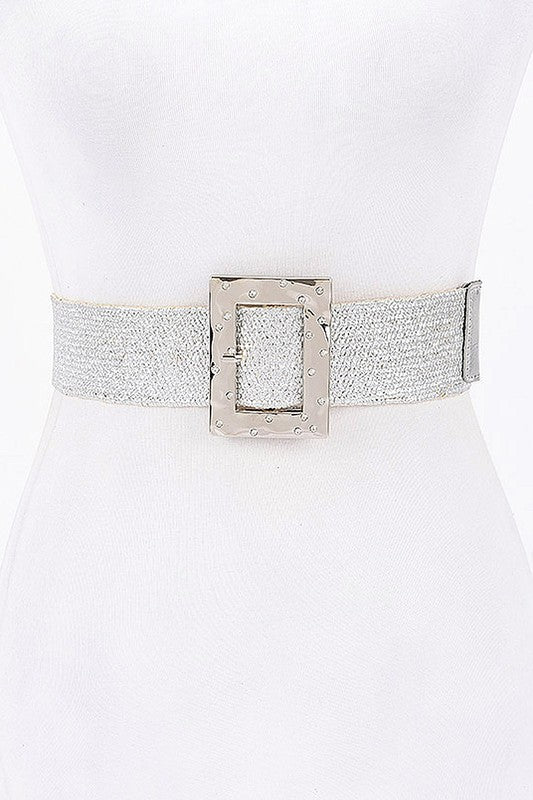 Faux Straw Metal Stone Buckle Strech Belt in Gray