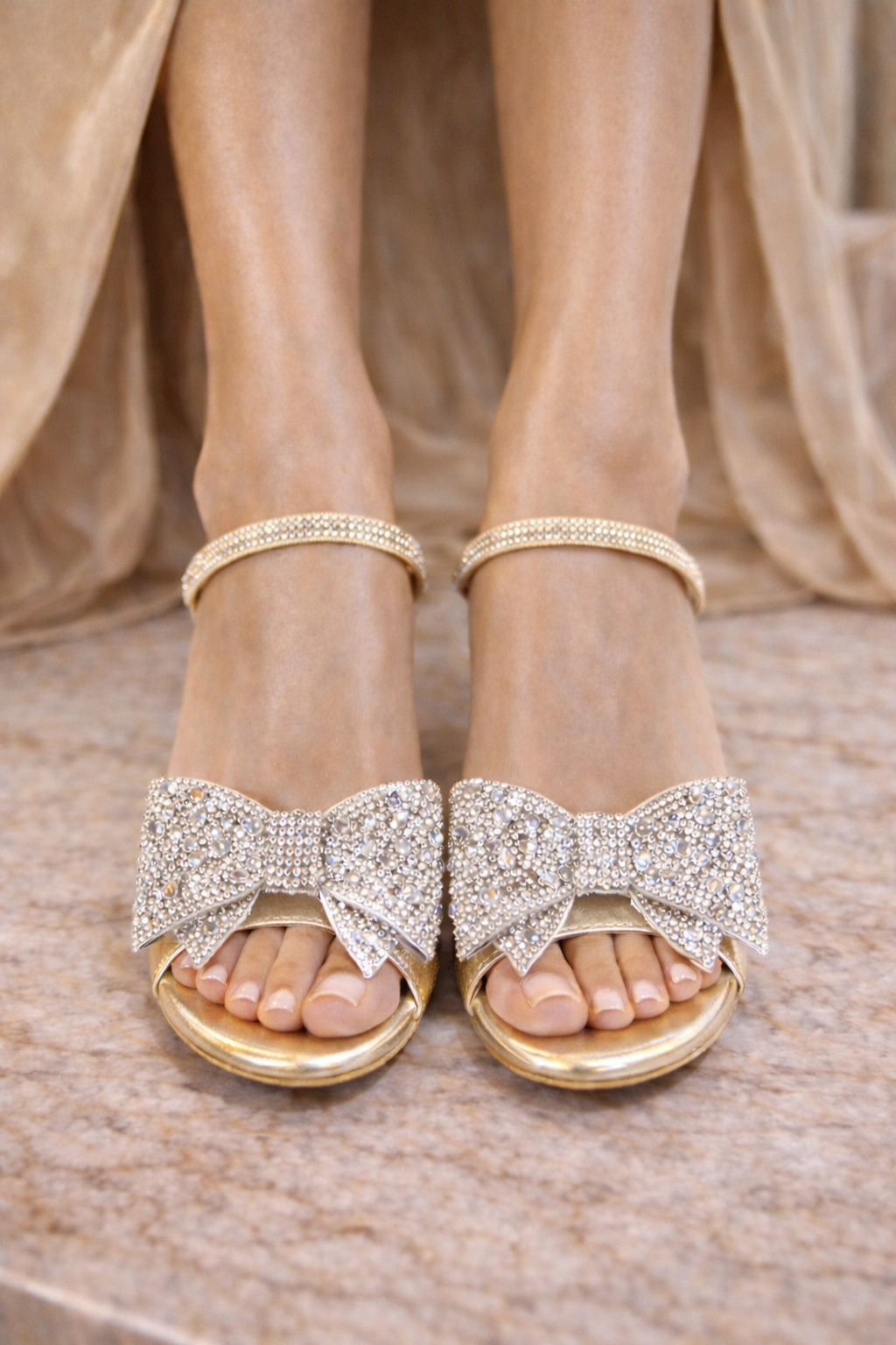 Gold Heel with Transparent Bow and Silver Embellished Detailing