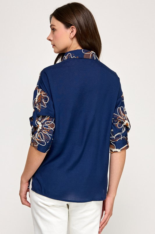 Embroidery Detail Graphic Button Shirt In Navy