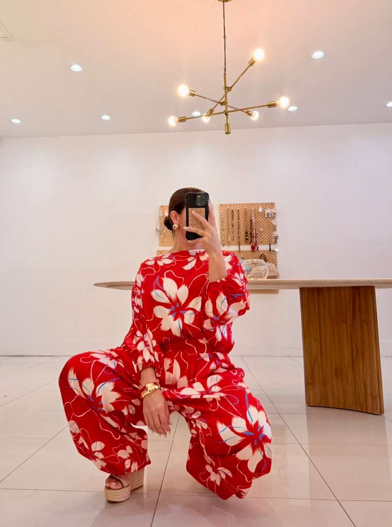 Italian Satin Floral Set Red-One Size