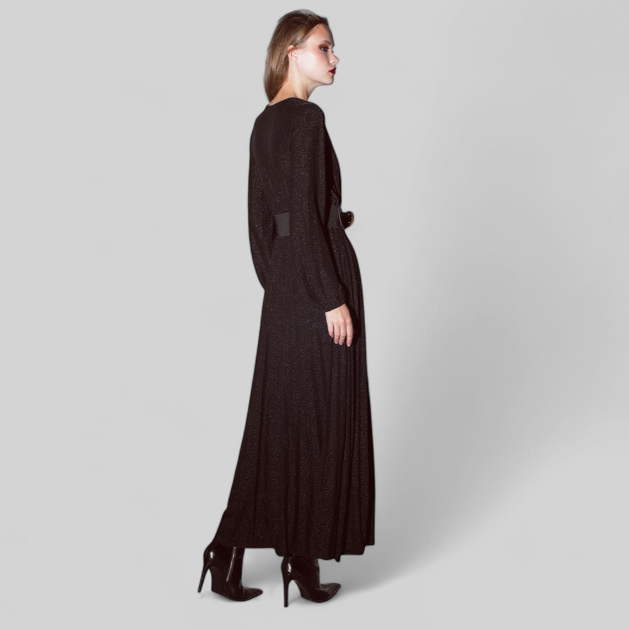Party Long Sleeve Maxi Dress with Glitter in Black (Belt not included)