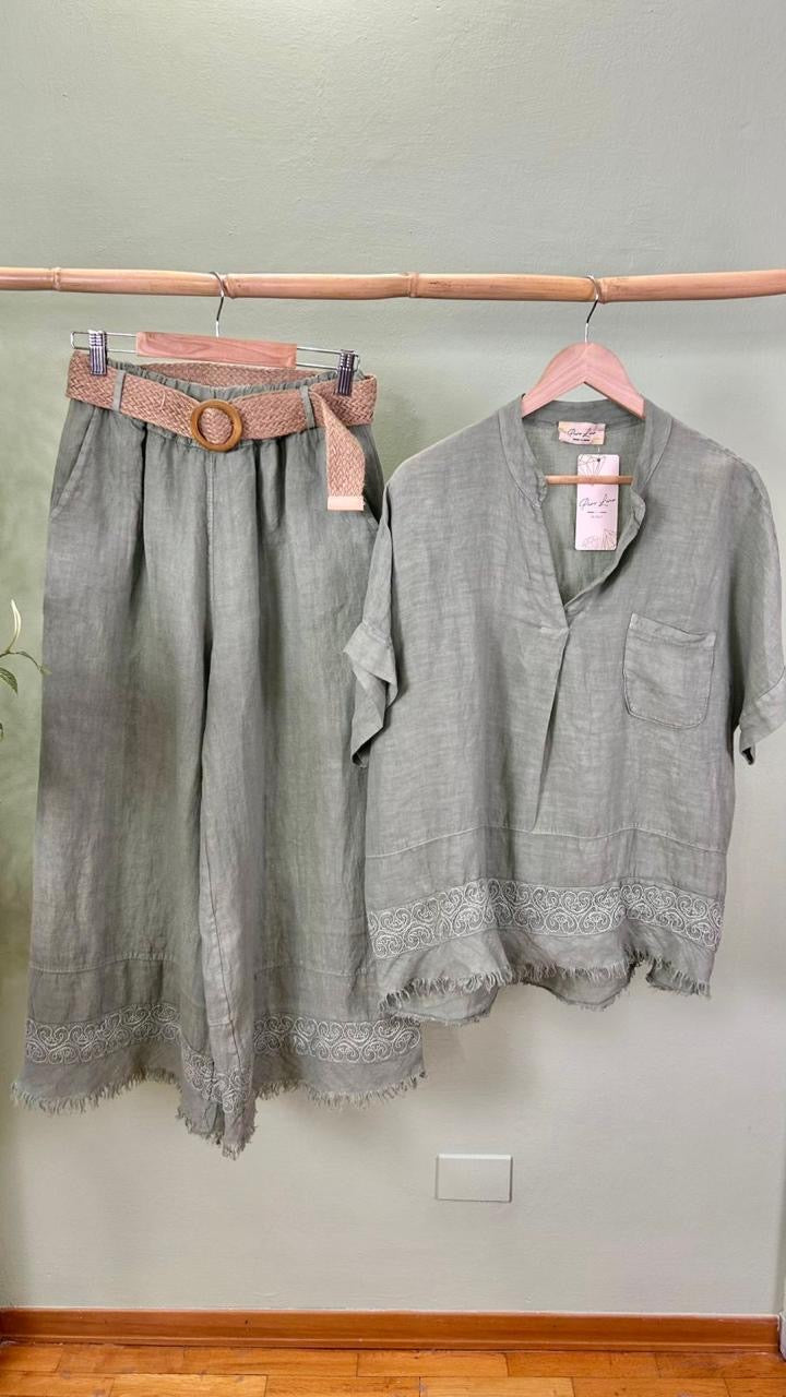 Italian Linen Set With Belt Light Green