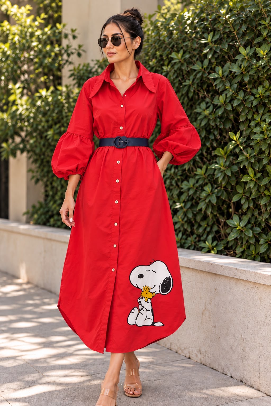 Red Snoopy & Woodstock Belted Maxi Dress