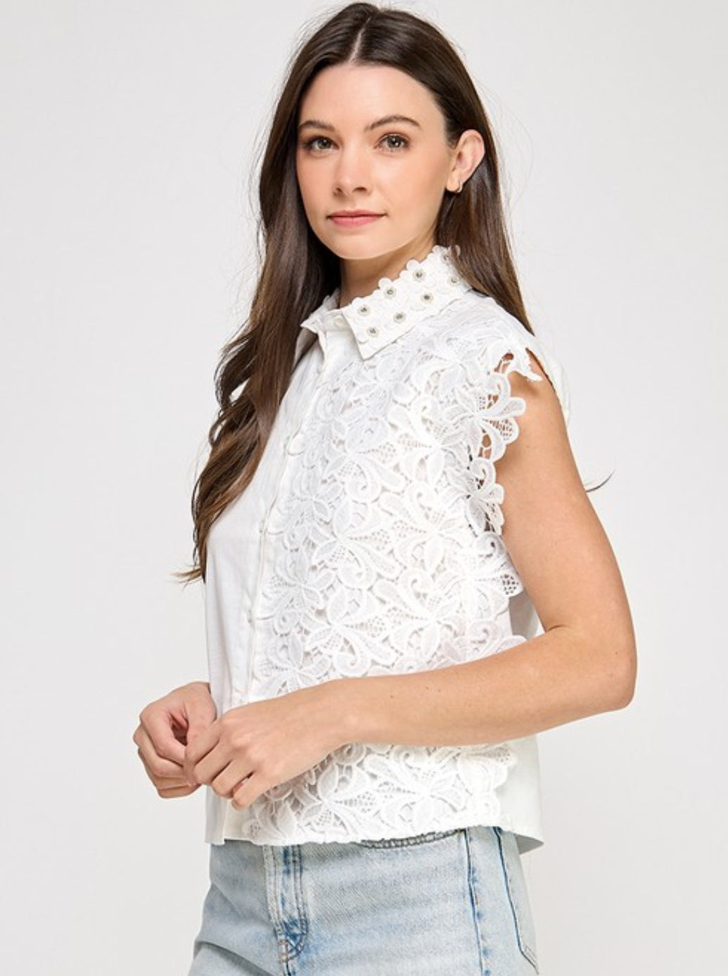 Lace Accent Top with Rhinestone in Neckline White