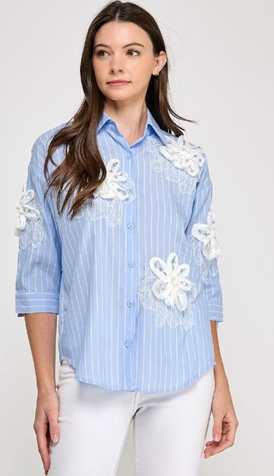 Long Sleeve Flower Details Blue Shirt