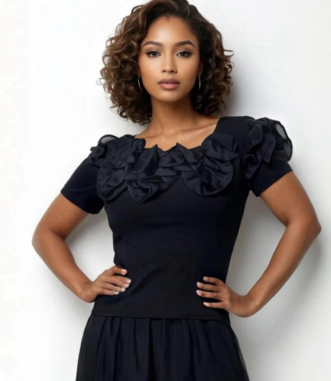 N' by Nancy Ruffle Neck Top in Black