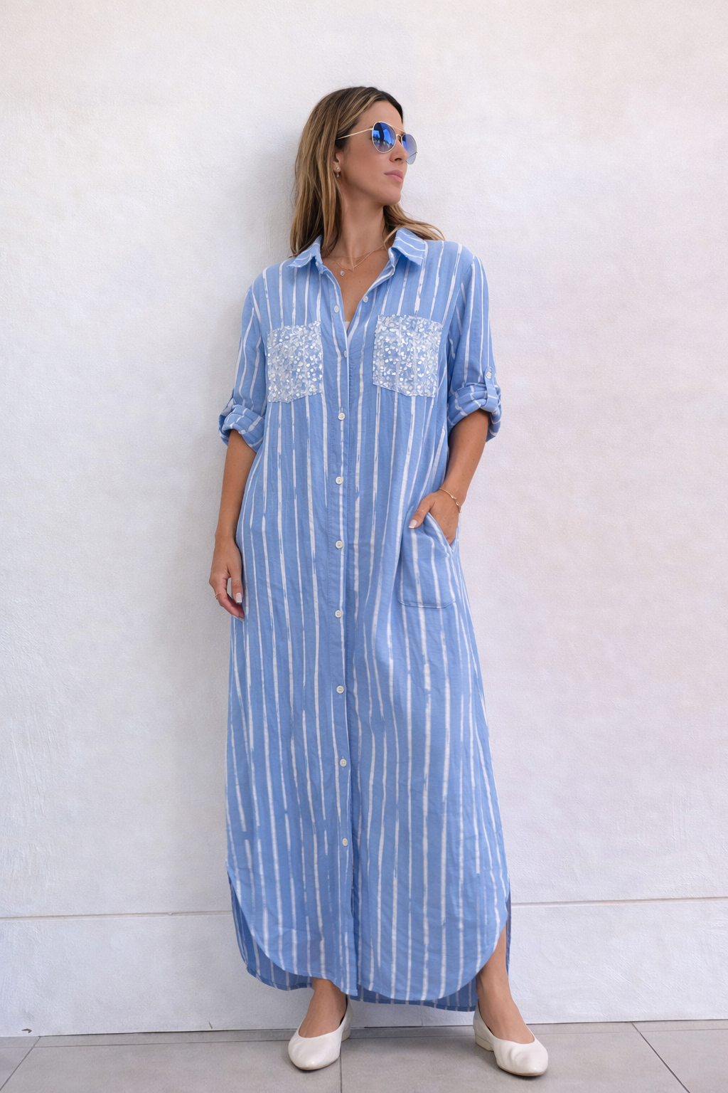 Italian Blue Striped Linen Long Shirt with Embroidered Pockets