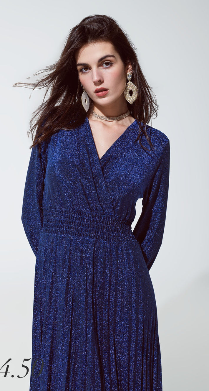 Blue shiny fitted high waist maxi dress with V neck in Blue