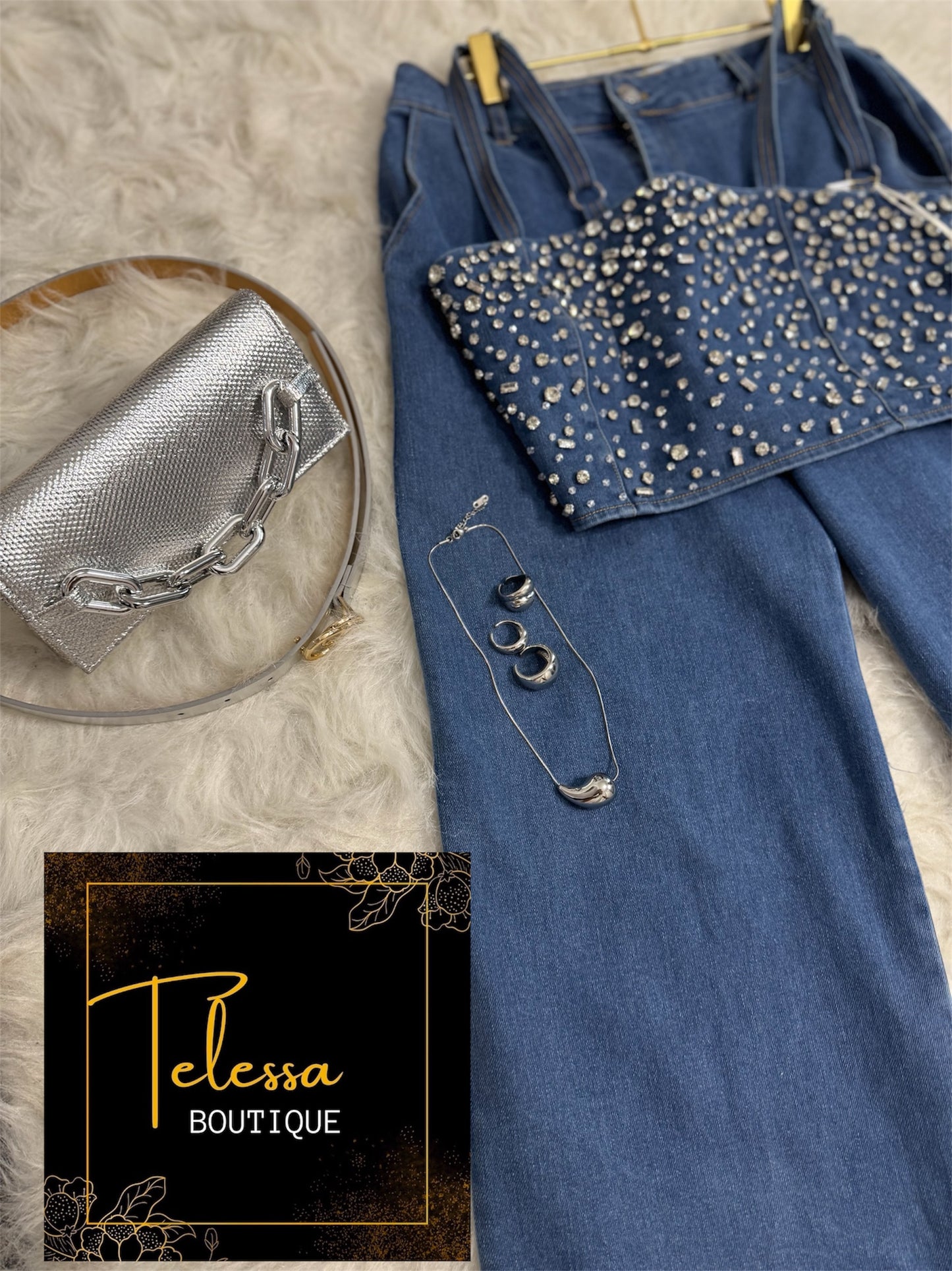 Set Denim Rhinestone Crop Top & Pants