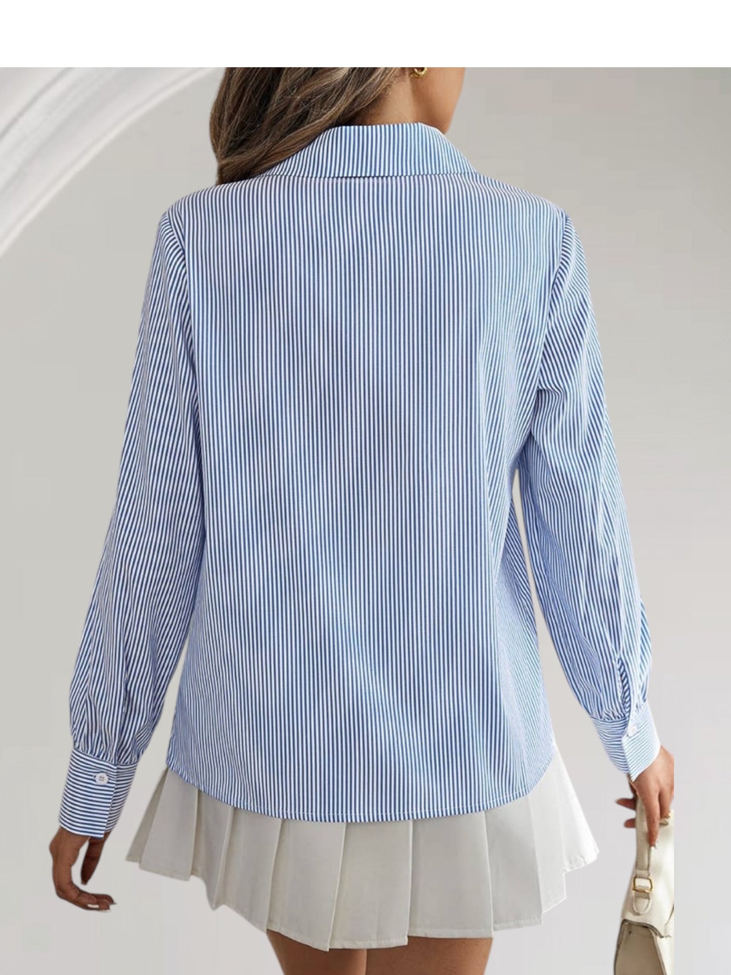 Striped Button Down Mesh Splicing Applique Blouse