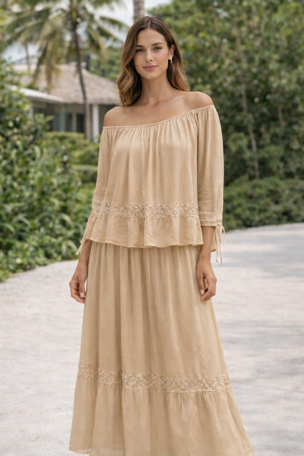 Italian Silk Set Beige with Sequin Accents One Size