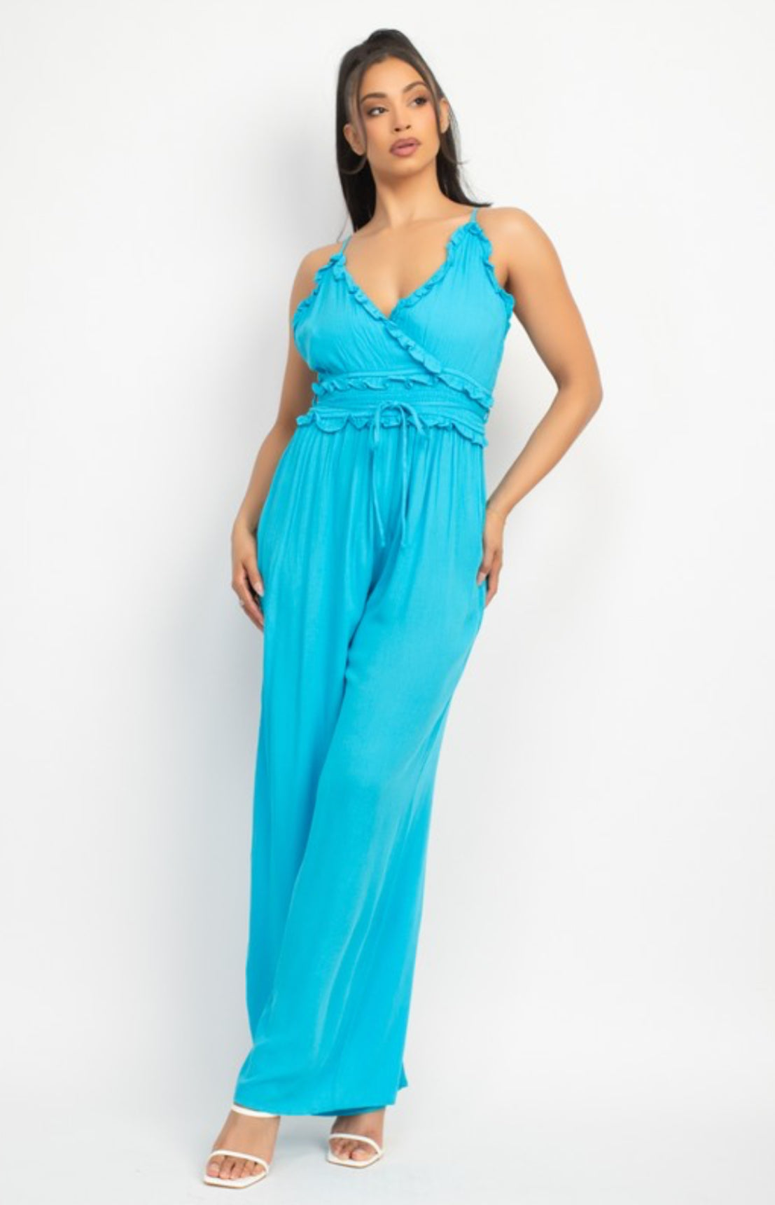 Ruffled V- Neck Wrap Aqua Blue Jumpsuit