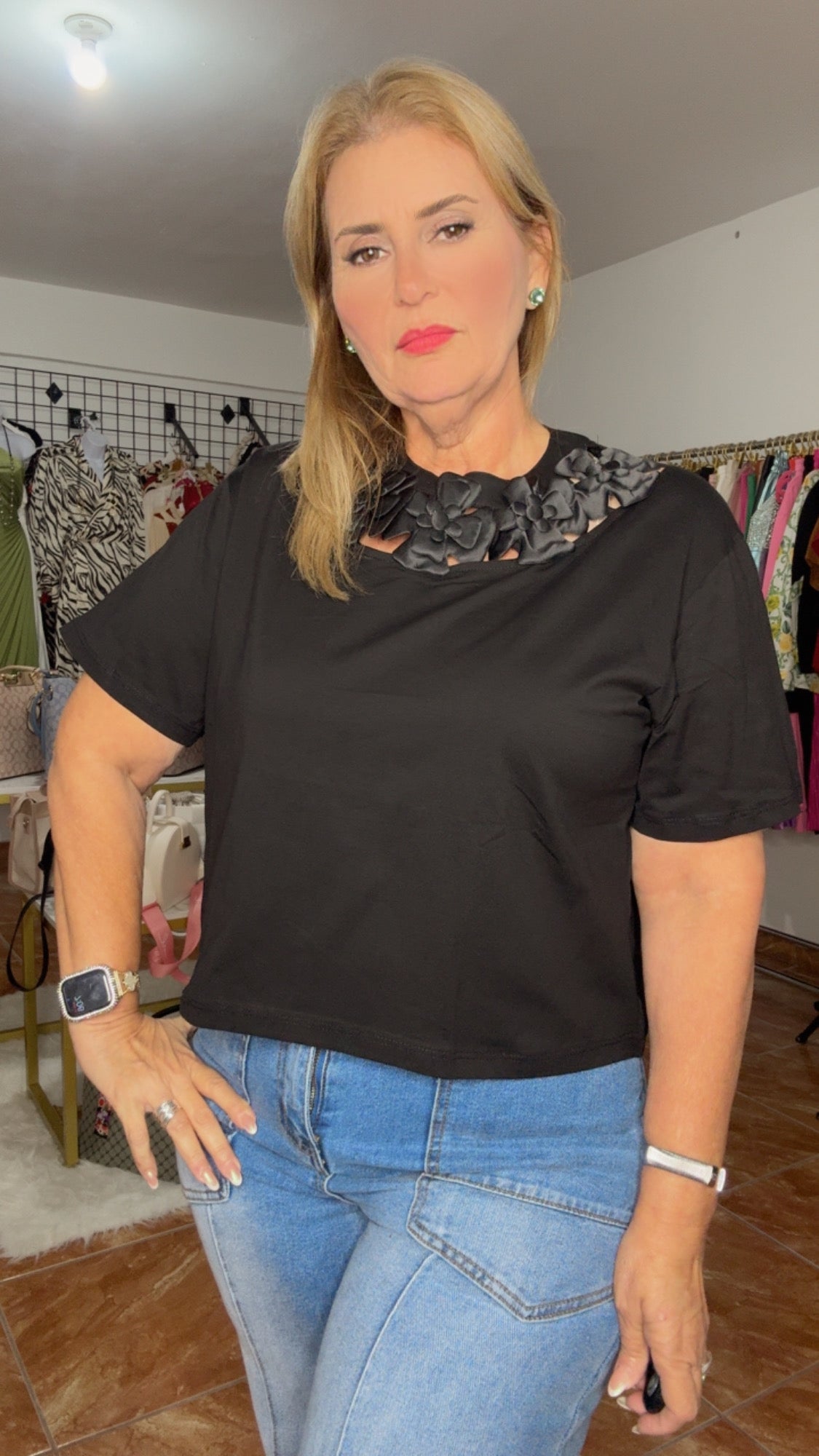 Plus Blouse with 3D Flower accent