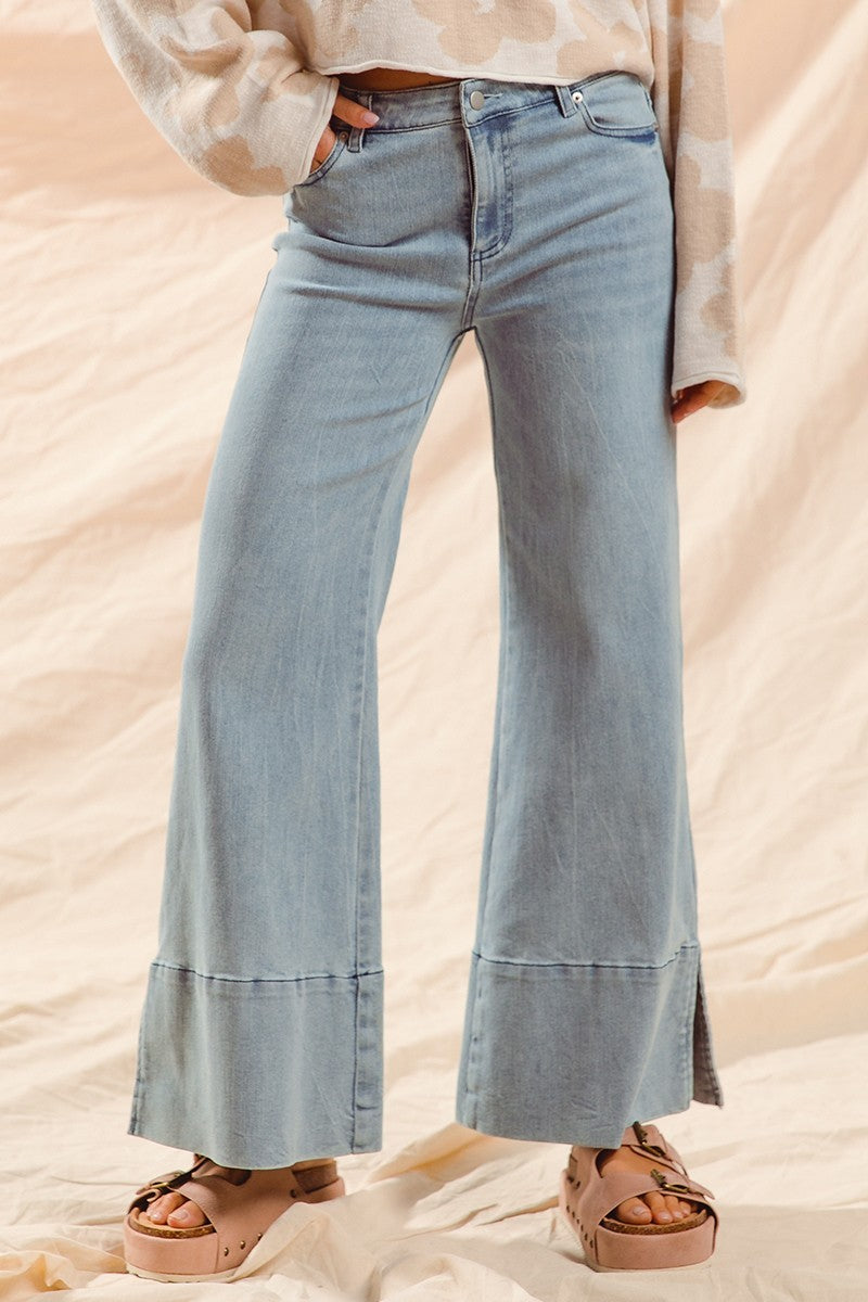 WIDE LEG FLARE DENIM JEANS WITH SIDE SLITS