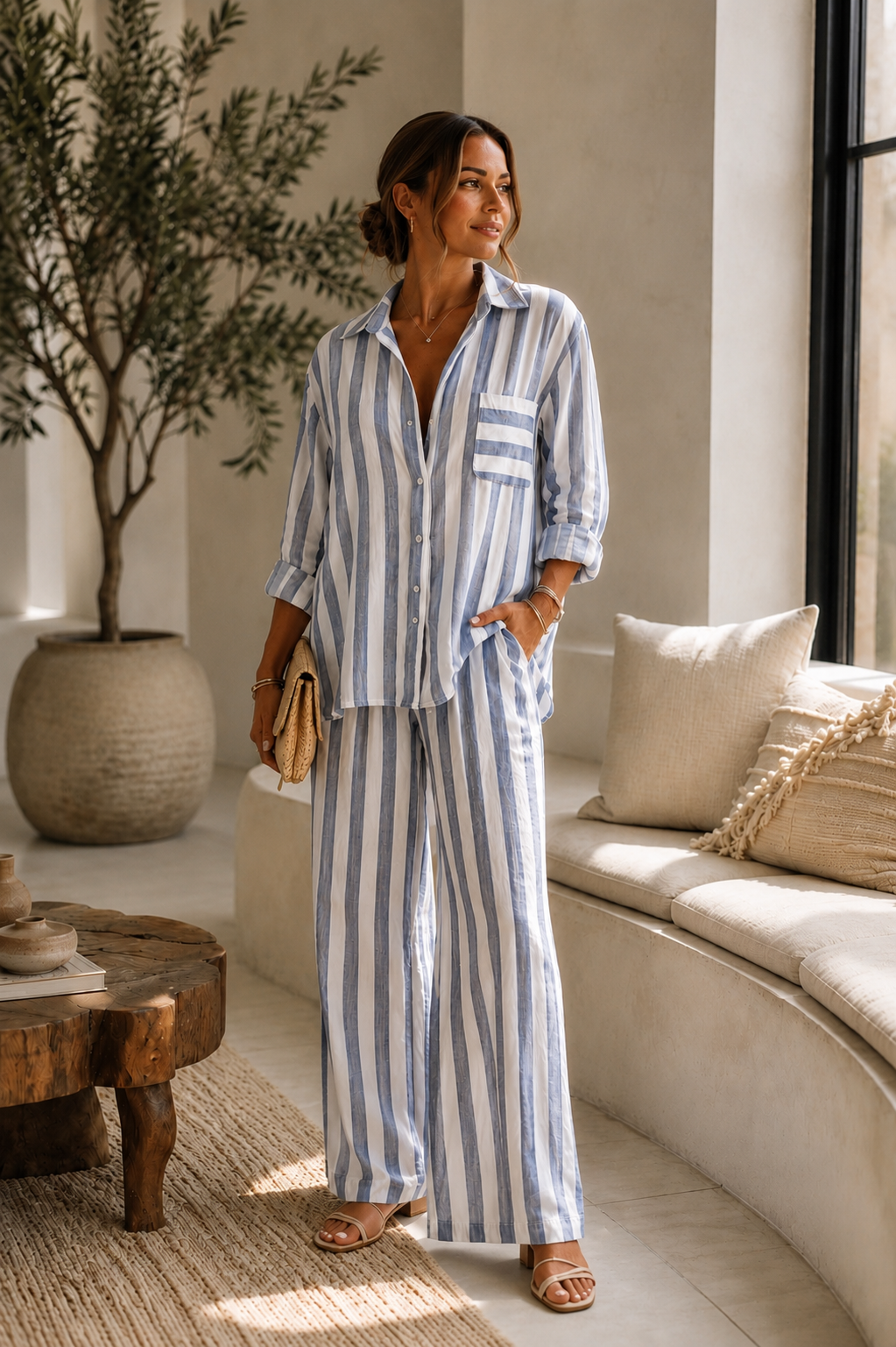 Blue Coastal Italian Linen Stripe Set