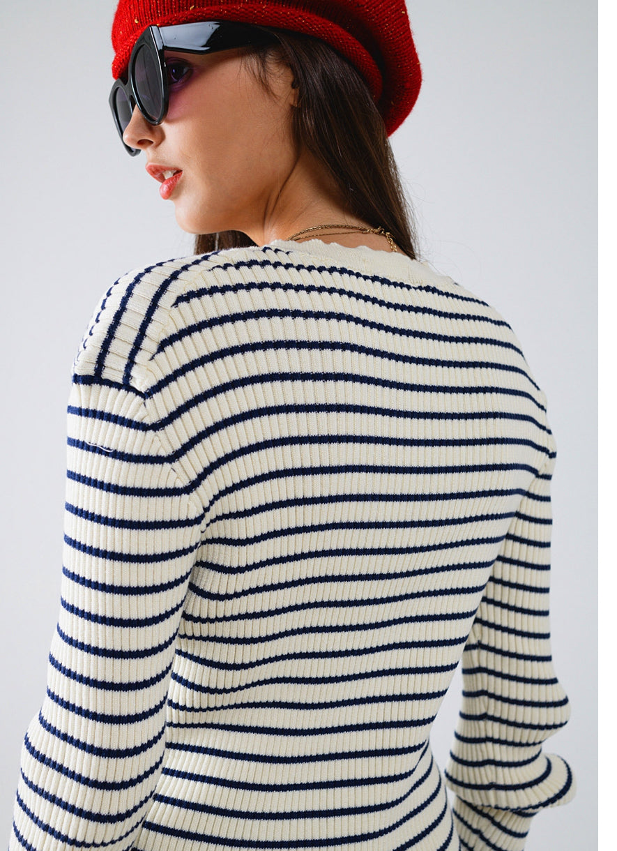 Striped Cardigan in Cream With Ruffle
