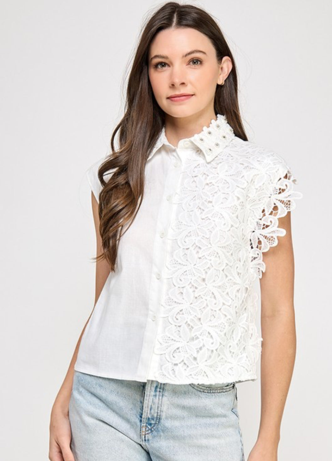 Lace Accent Top with Rhinestone in Neckline White