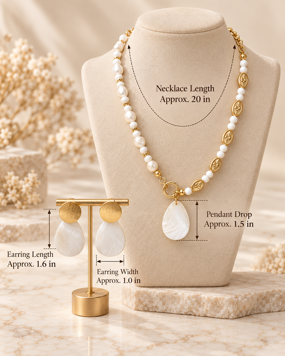 Ivory Shell & Pearl Gold Necklace and Earrings Set