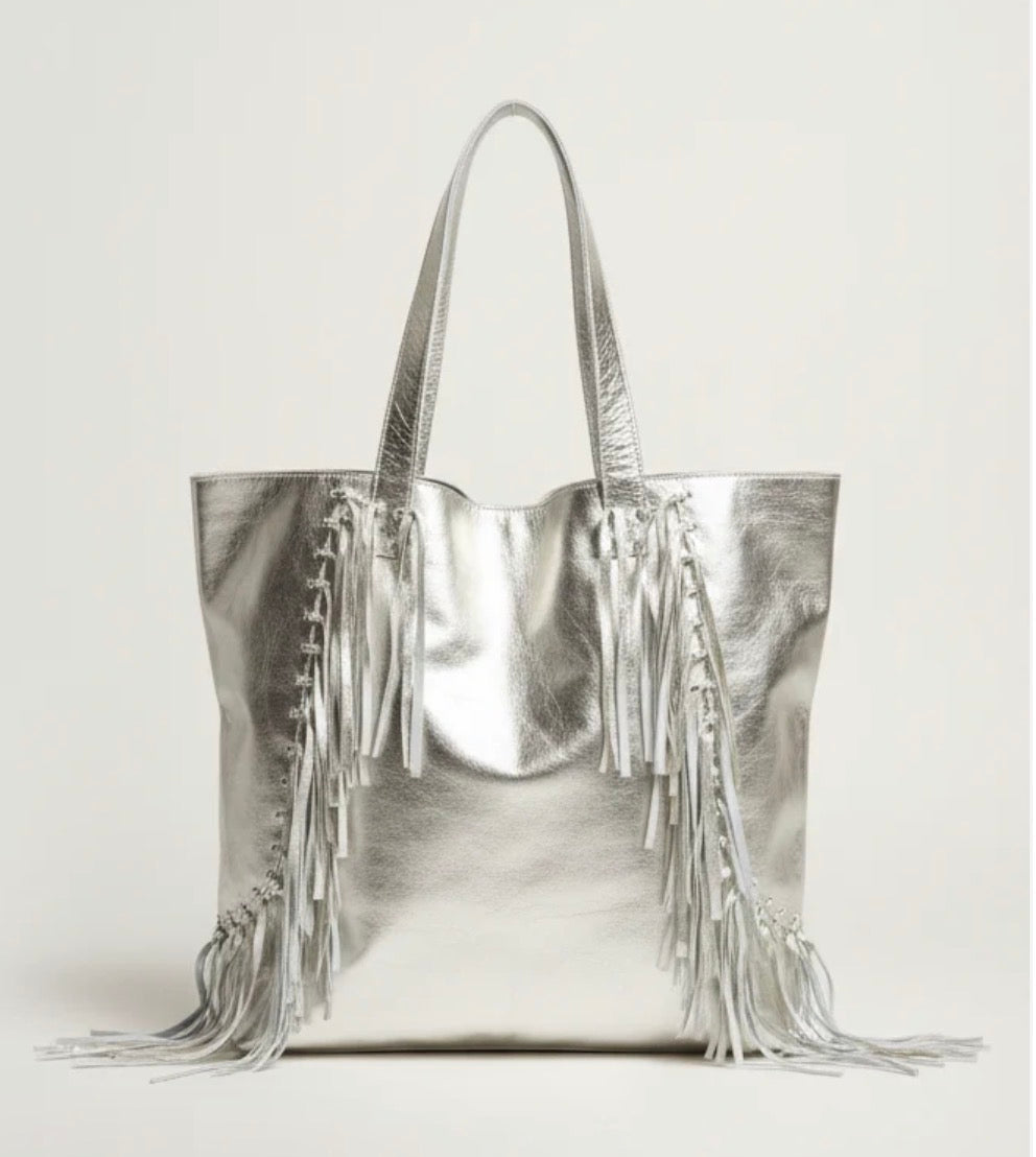 Metallic Silver Fringe Tote Bag