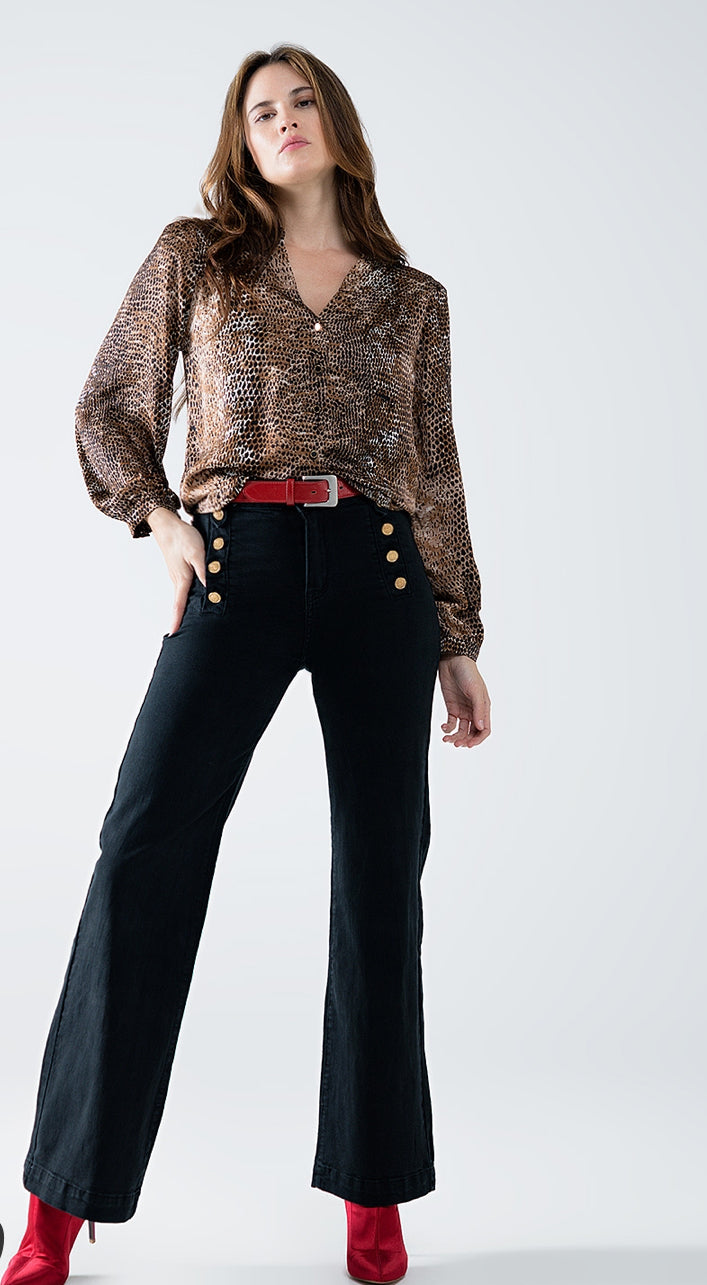 Straight Jeans With Gold Buttons At the Side in black