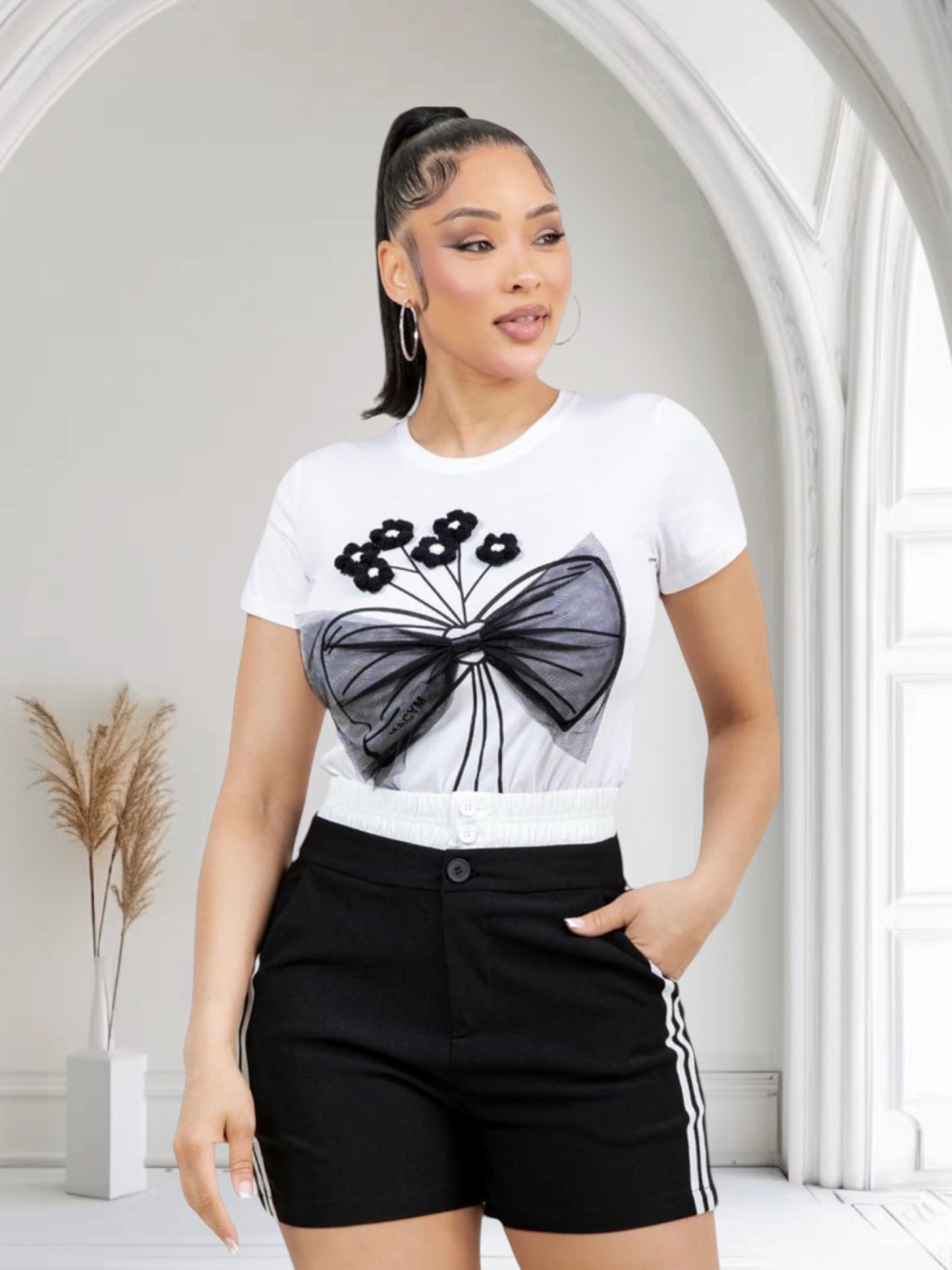 Top with 3D Flowers and Bow Accents White