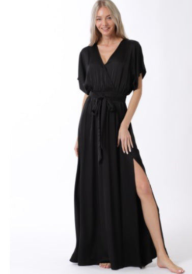 Kimono Sleeve Elastic Waisted Belted Maxi Dress Black