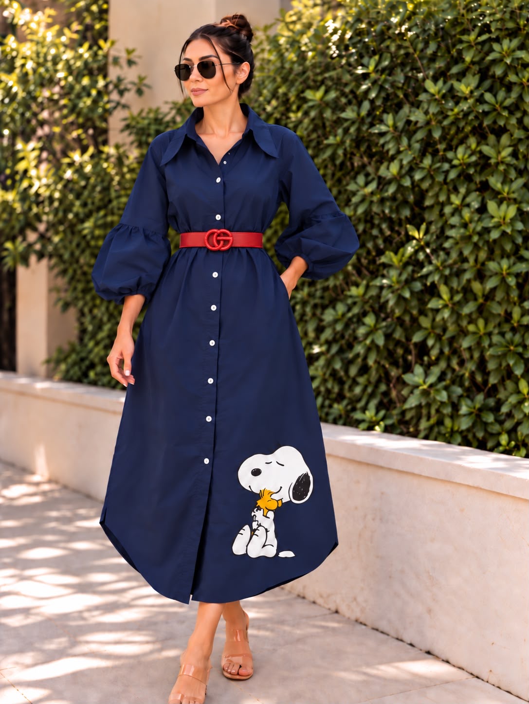 Navy Snoopy & Woodstock Belted Maxi Dress